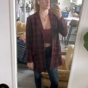 QED London Red Plaid Boyfriend Blazer Wool size US6 / UK8
